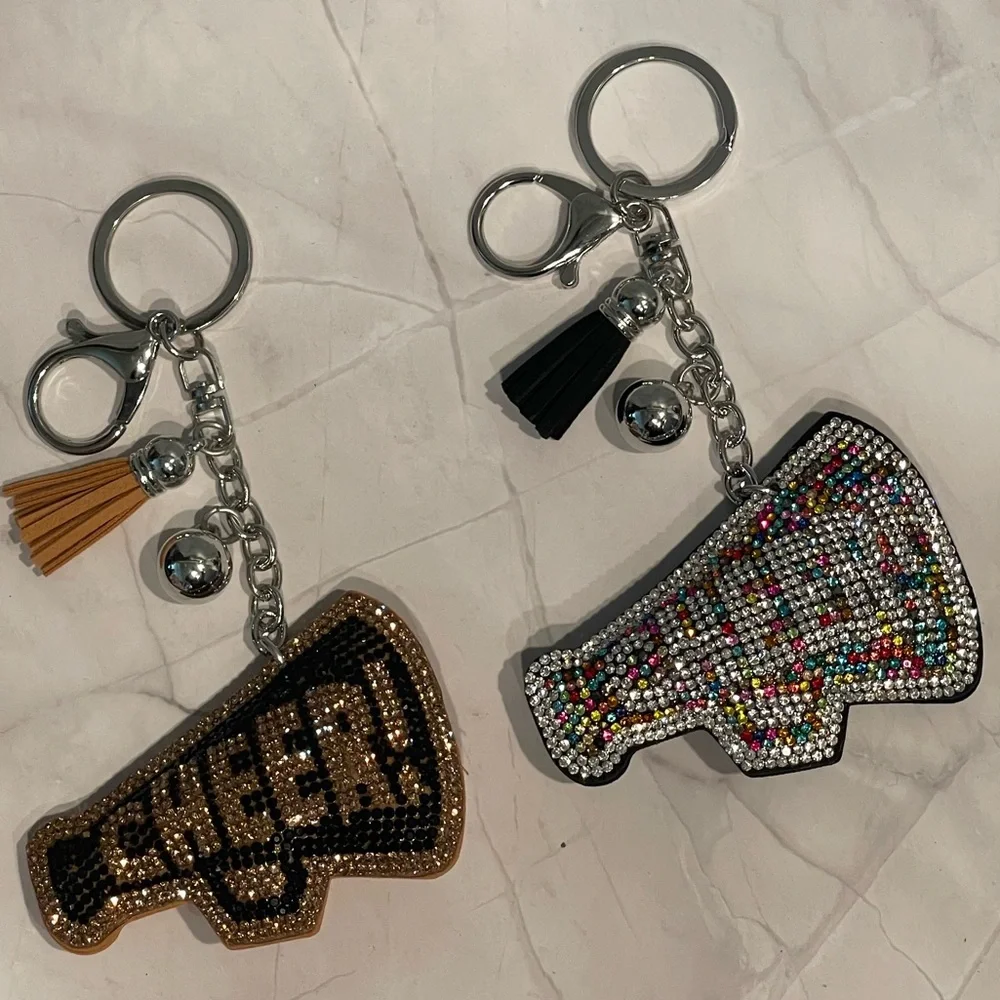 Sparkle Puff Cheer Megaphone Keychain adorned with rhinestones and tassel
